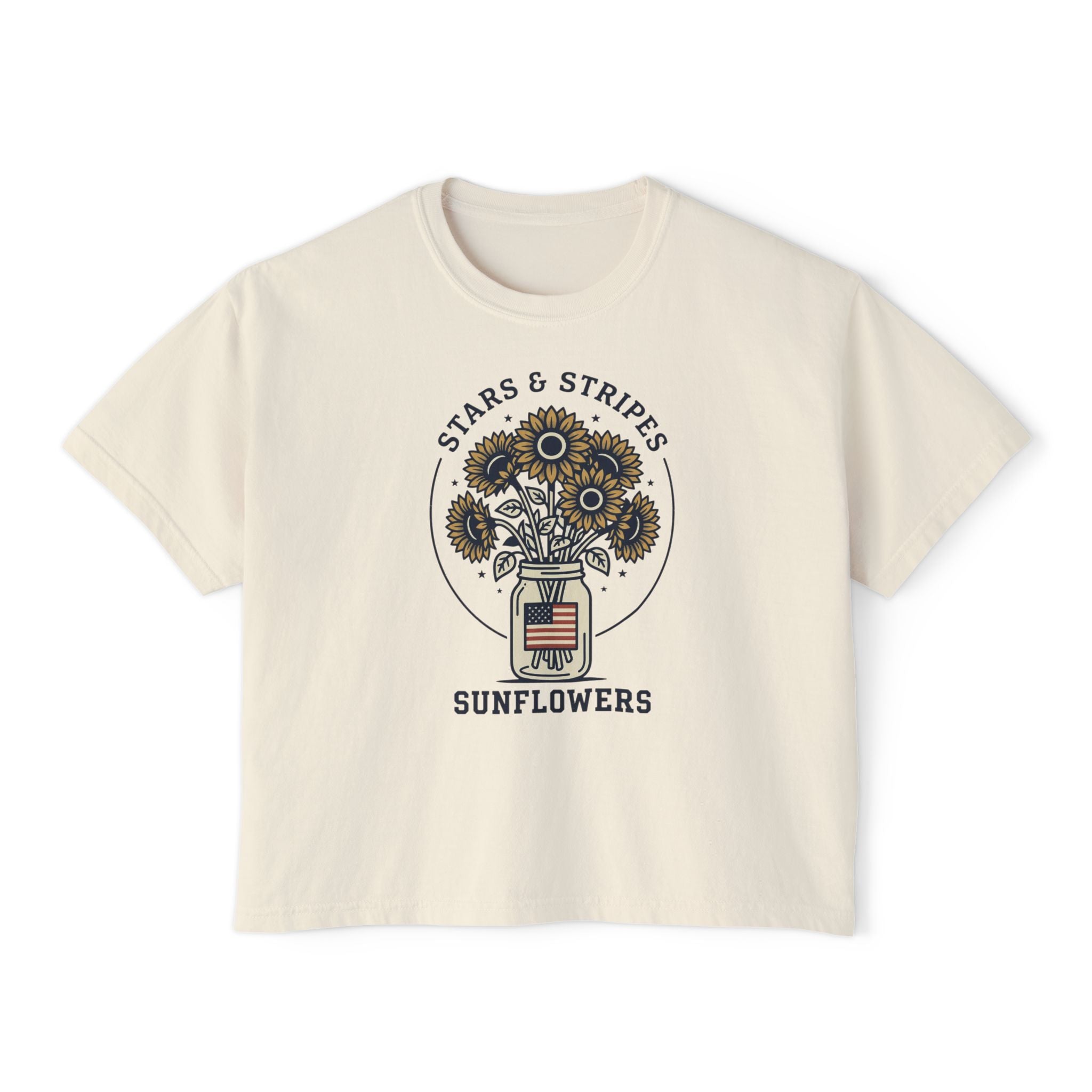 Women's Boxy Tee — "Stars & Stripes Sunflowers" Vintage Patriotic Floral Tee