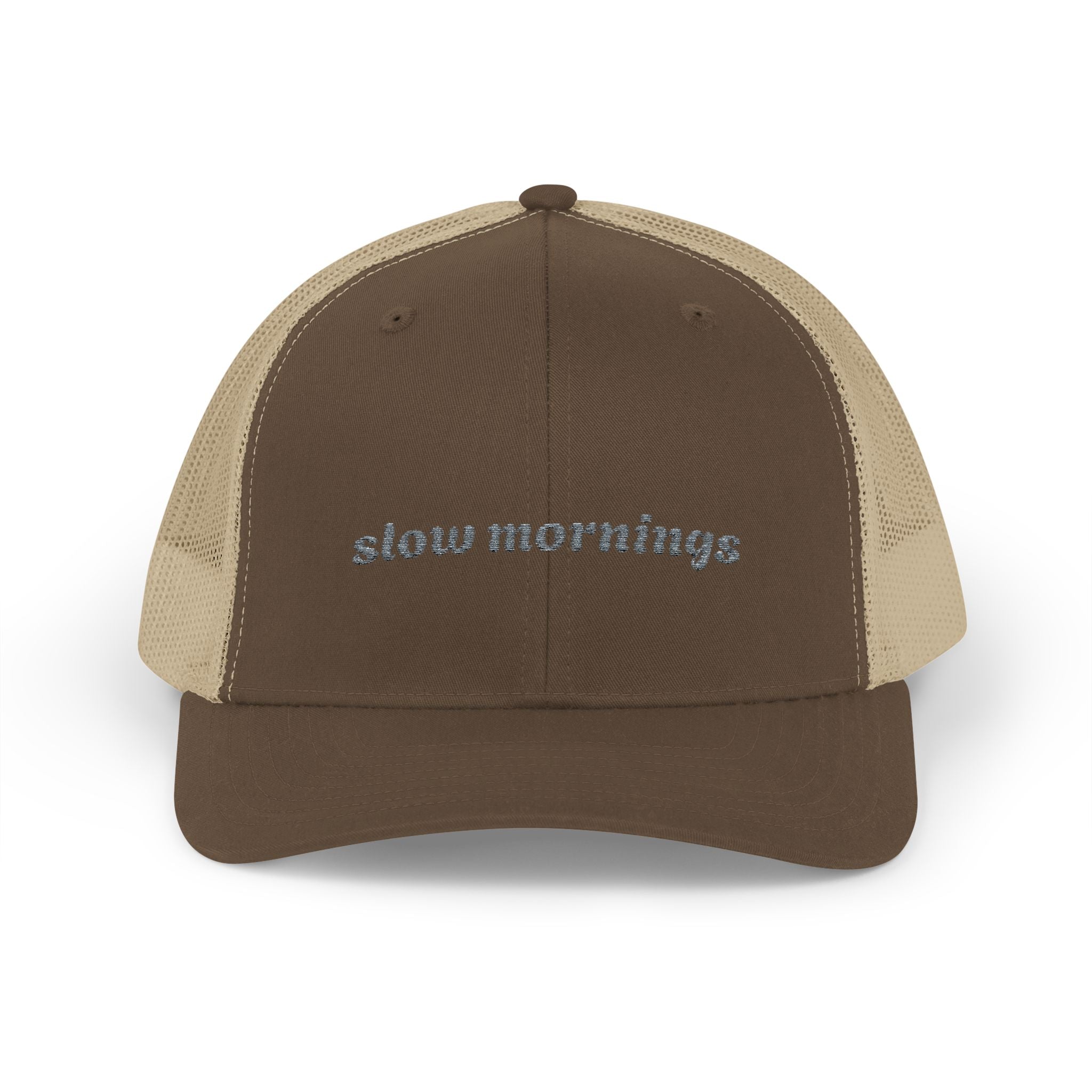 Embroidered "Slow Mornings" Snapback Trucker Cap