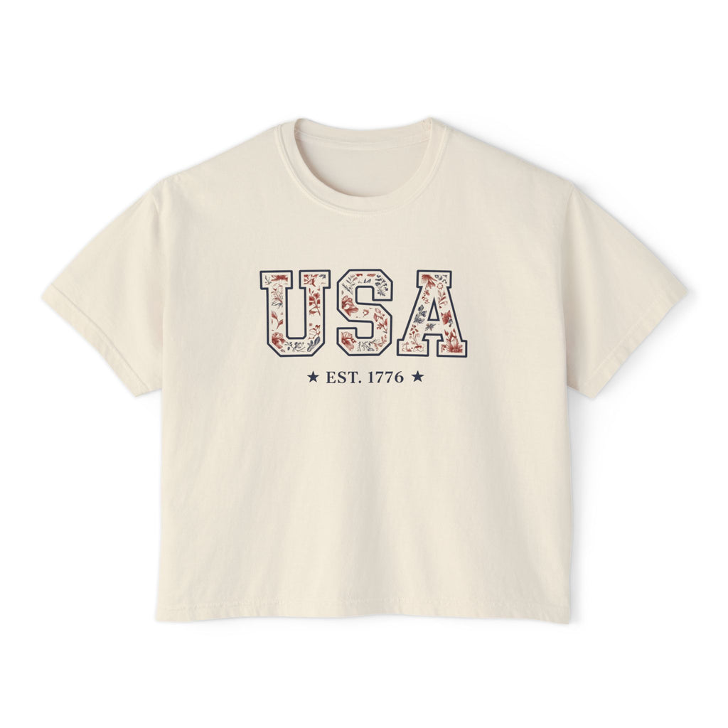 Women's USA Floral EST. 1776 Vintage Patriotic  Boxy Tee