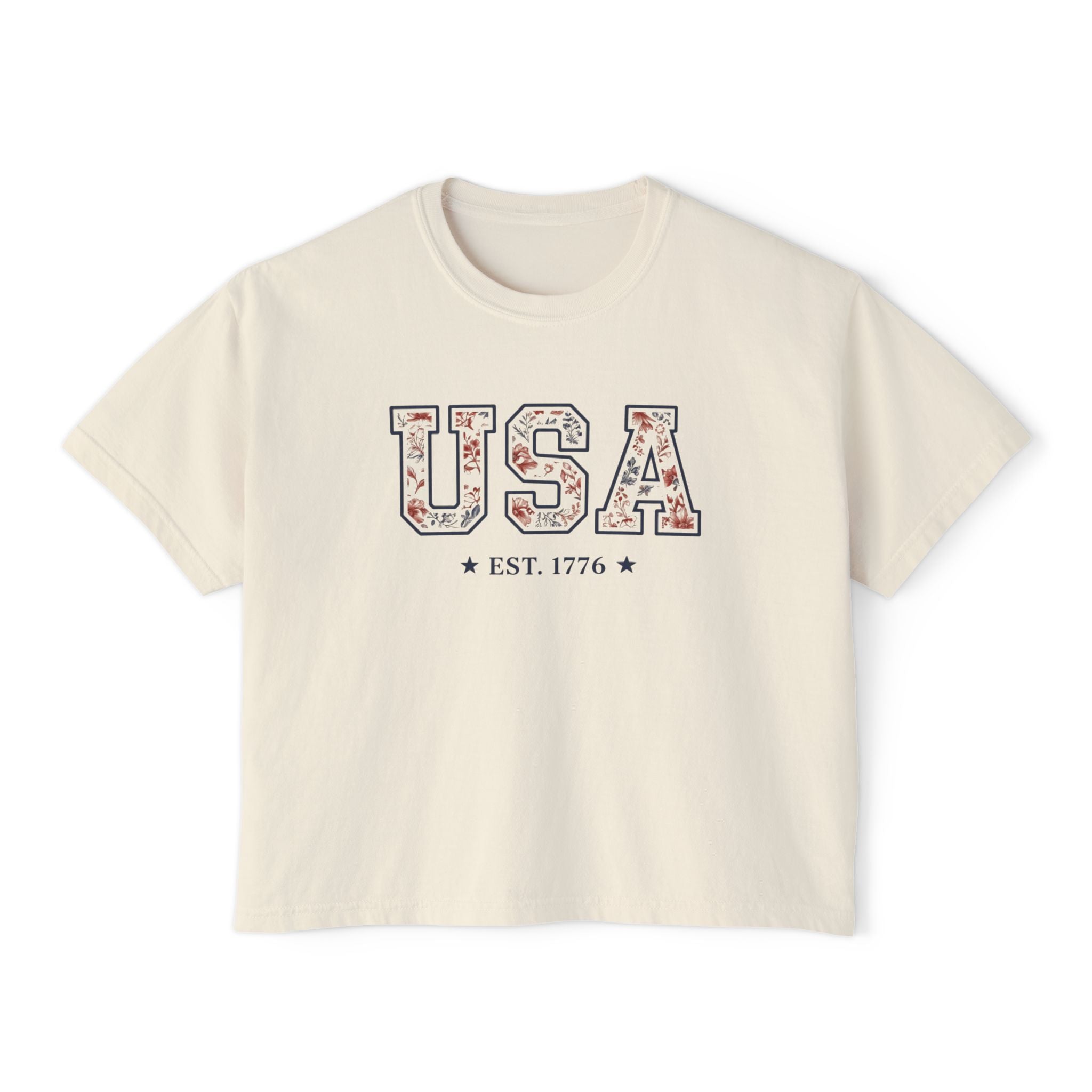 Women's USA Floral EST. 1776 Vintage Patriotic  Boxy Tee