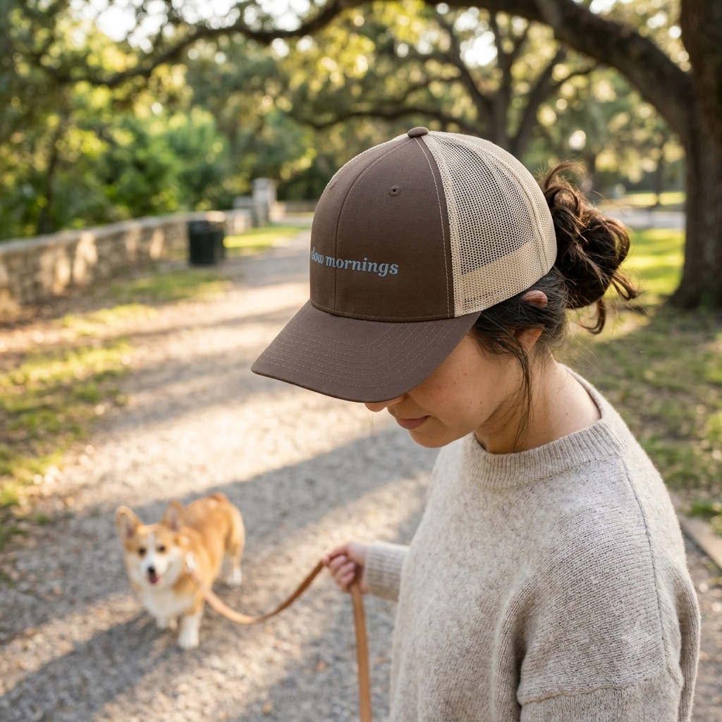 Embroidered "Slow Mornings" Snapback Trucker Cap