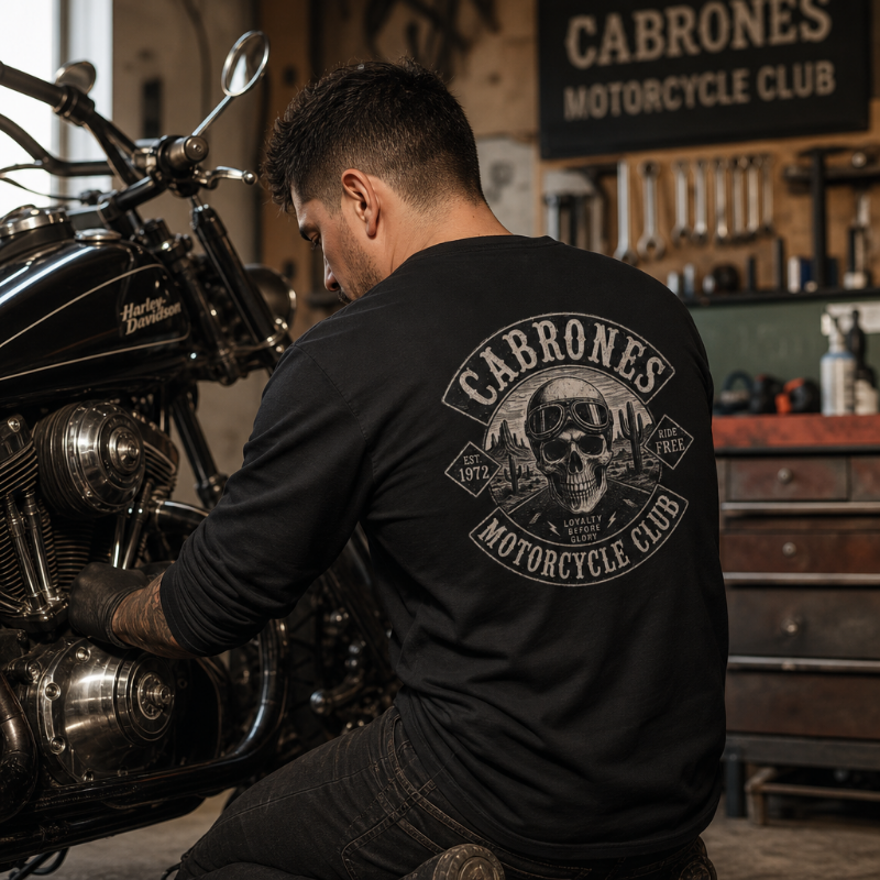 "Cabrones Motorcycle Club" Skull Long Sleeve T-Shirt