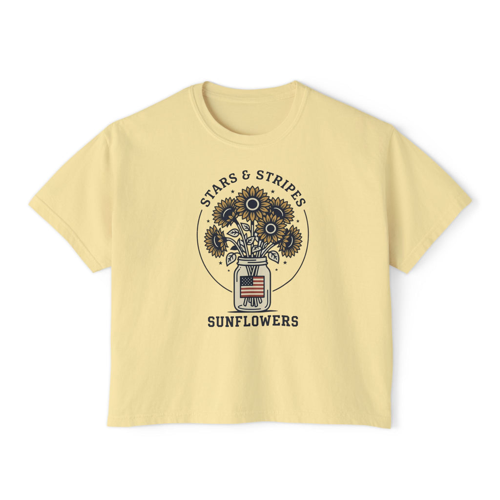 Women's Boxy Tee — "Stars & Stripes Sunflowers" Vintage Patriotic Floral Tee