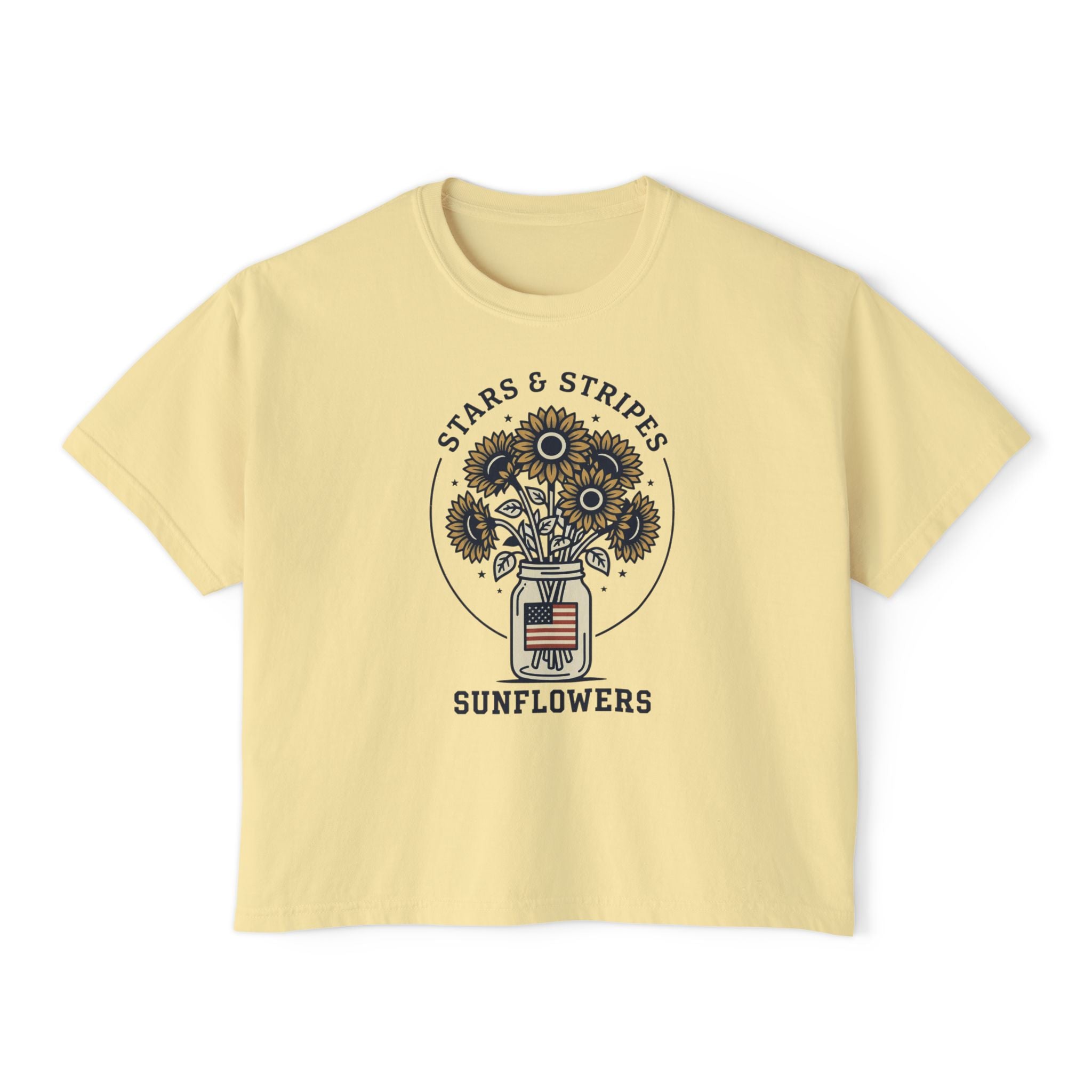 Women's Boxy Tee — "Stars & Stripes Sunflowers" Vintage Patriotic Floral Tee