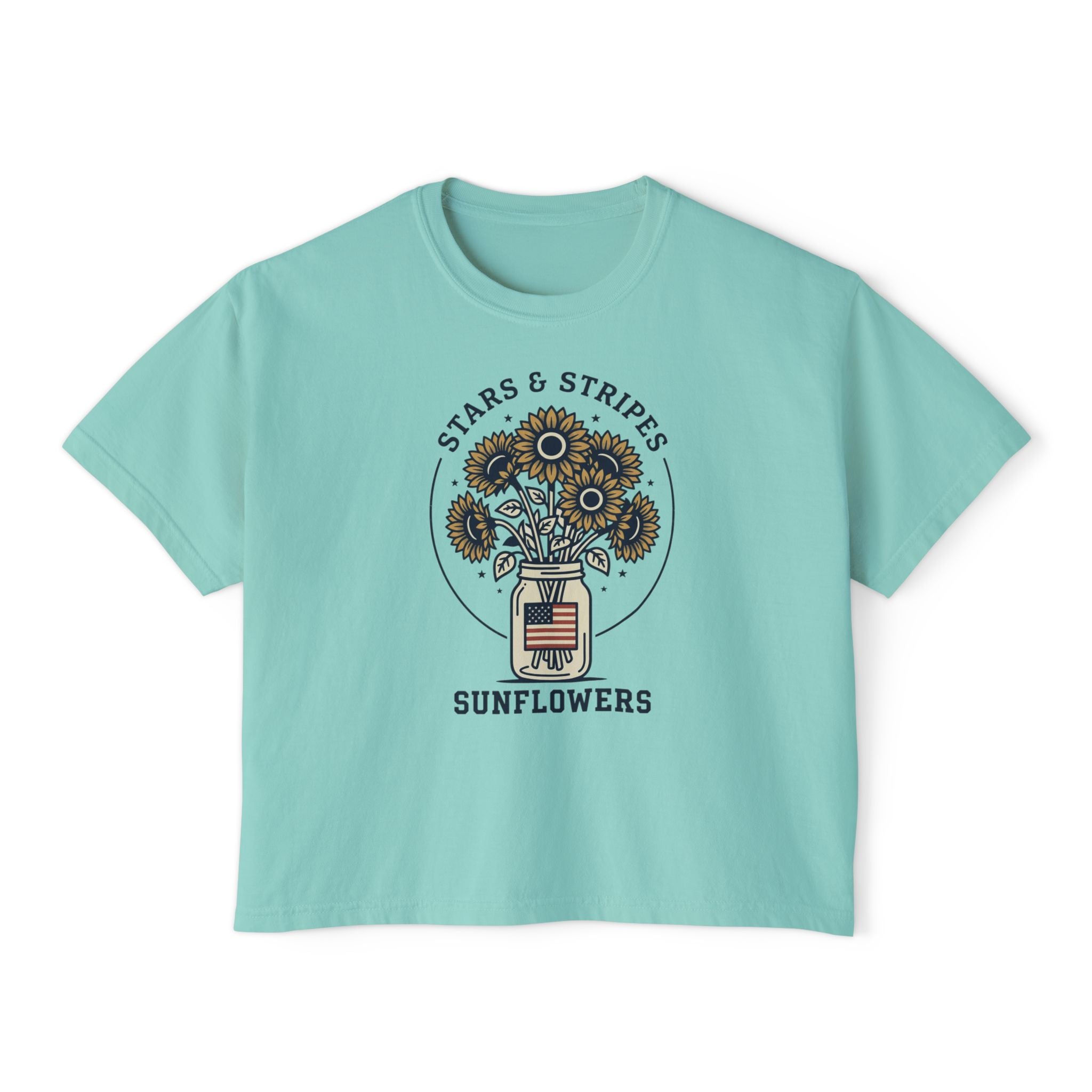 Women's Boxy Tee — "Stars & Stripes Sunflowers" Vintage Patriotic Floral Tee