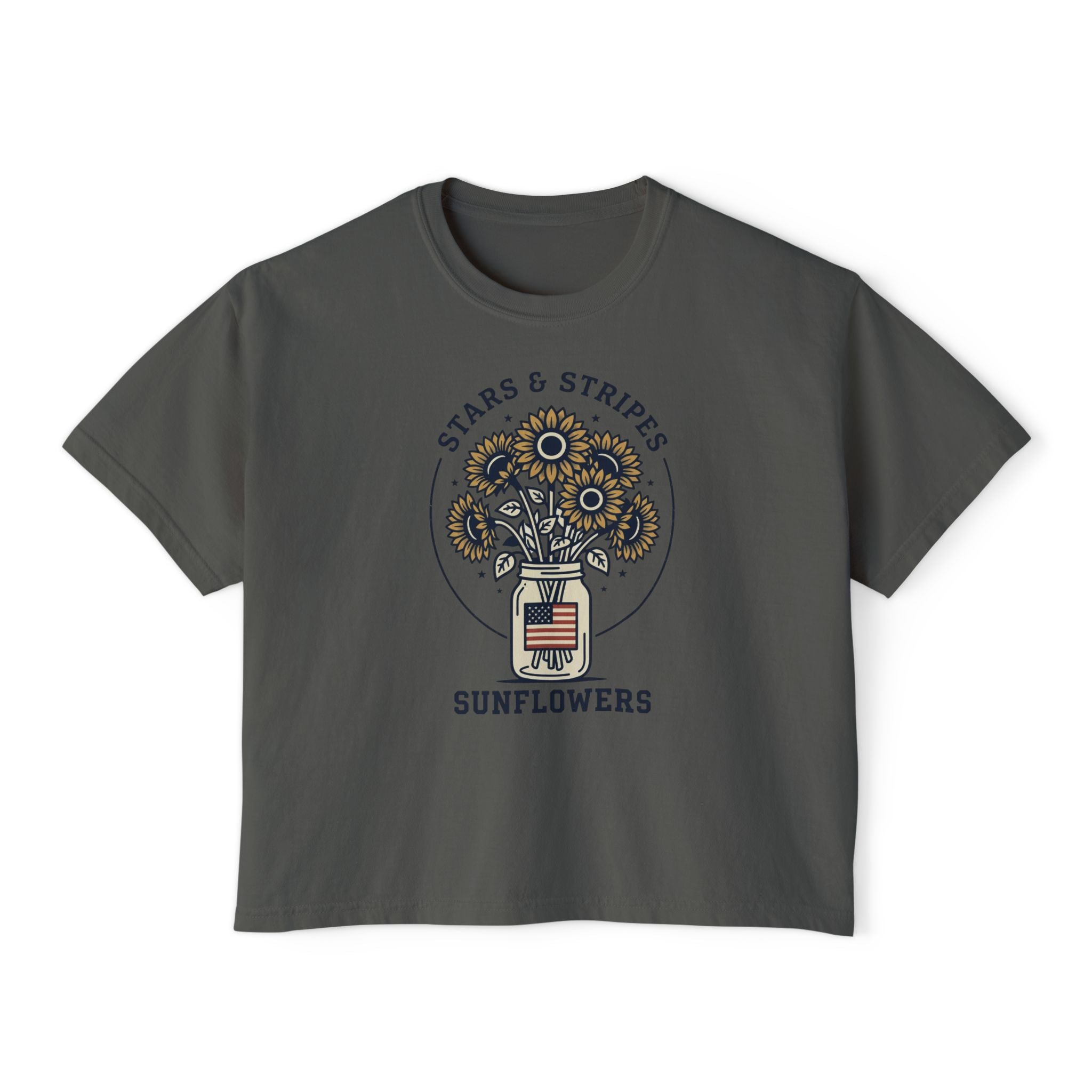 Women's Boxy Tee — "Stars & Stripes Sunflowers" Vintage Patriotic Floral Tee
