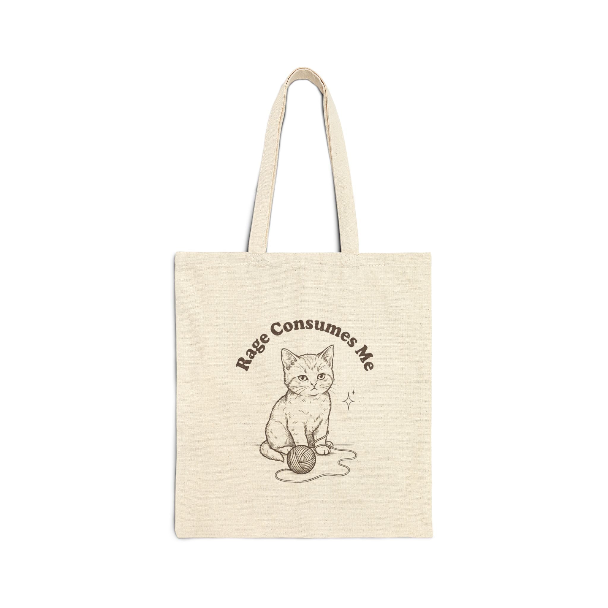 Canvas Tote Bag — "Rage Consumes Me" Cute Cat Illustration | Eco Grocery & Everyday Shopper
