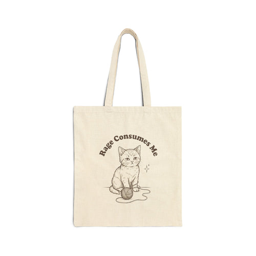 Canvas Tote Bag — "Rage Consumes Me" Cute Cat Illustration | Eco Grocery & Everyday Shopper