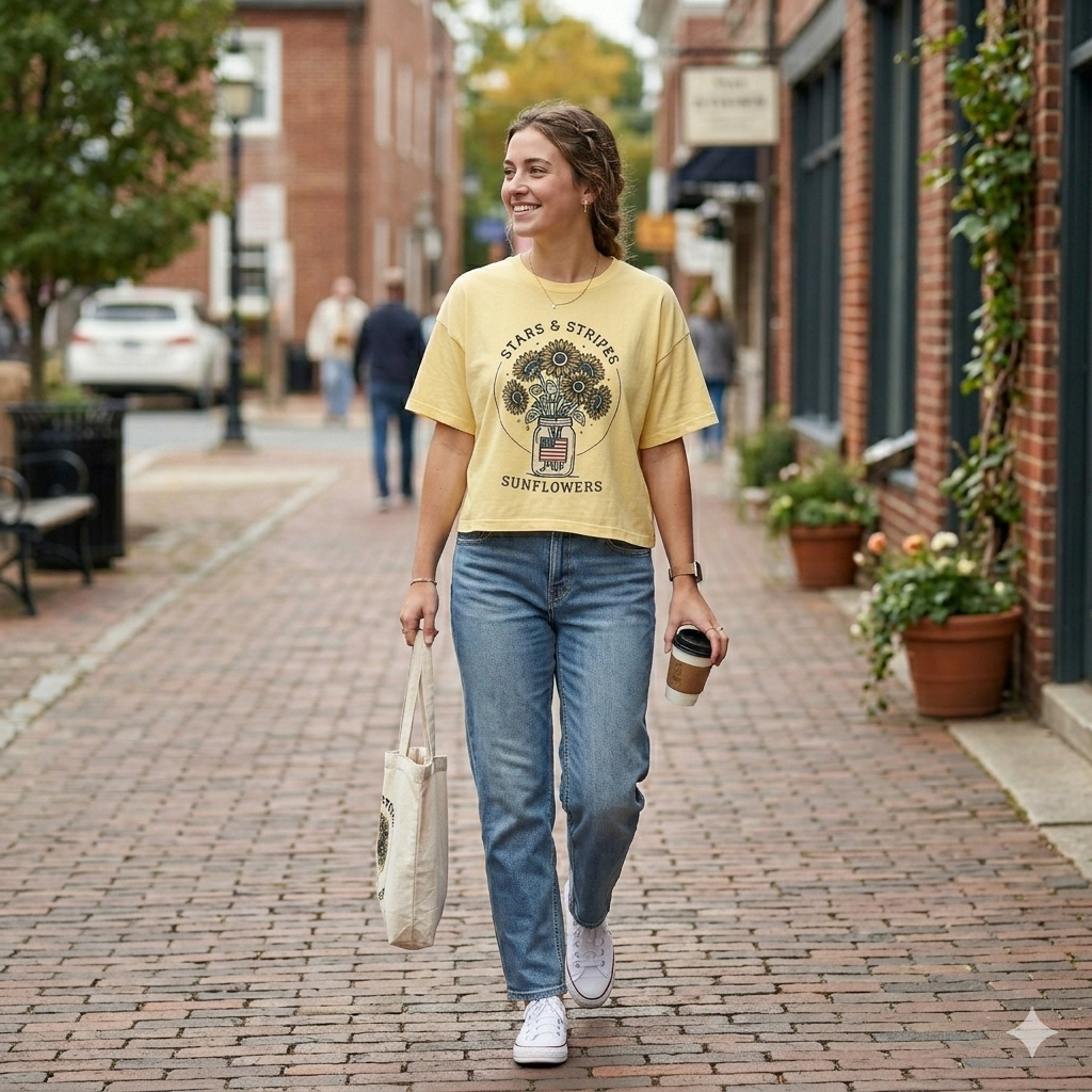Women's Boxy Tee — "Stars & Stripes Sunflowers" Vintage Patriotic Floral Tee