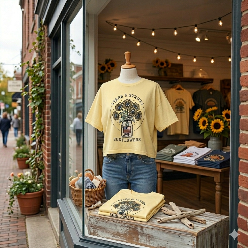 Women's Boxy Tee — "Stars & Stripes Sunflowers" Vintage Patriotic Floral Tee