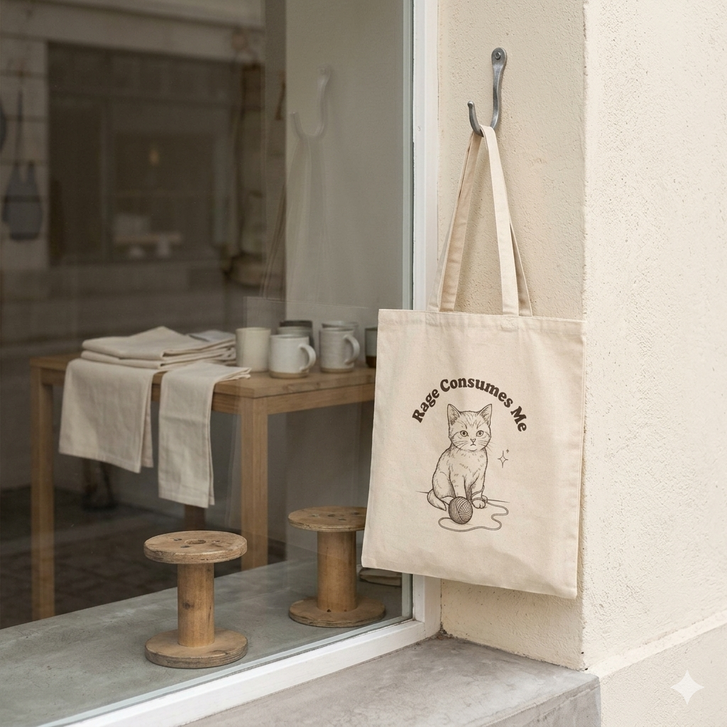 Canvas Tote Bag — "Rage Consumes Me" Cute Cat Illustration | Eco Grocery & Everyday Shopper